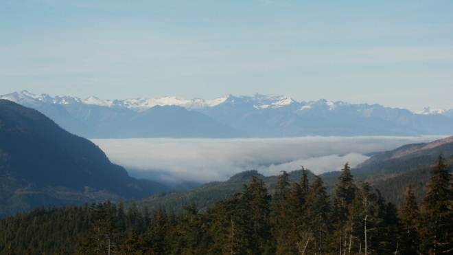 Fog blanket the Skeena Riv. Terrace, British Columbia Canada