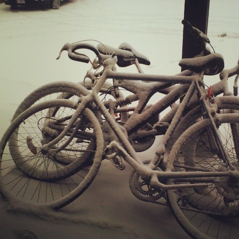 Snow covered bicycles Cambridge, Ontario Canada