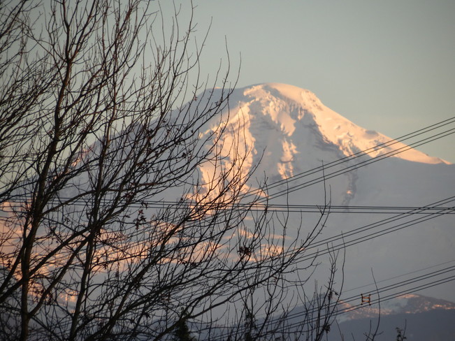 Sun setting on Mt Baker as seen from my Deck Abbotsford, British Columbia Canada