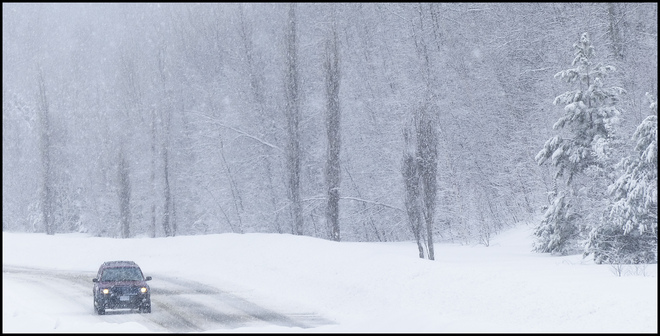 Snowy drive on Esten Dr. Elliot Lake, Ontario Canada