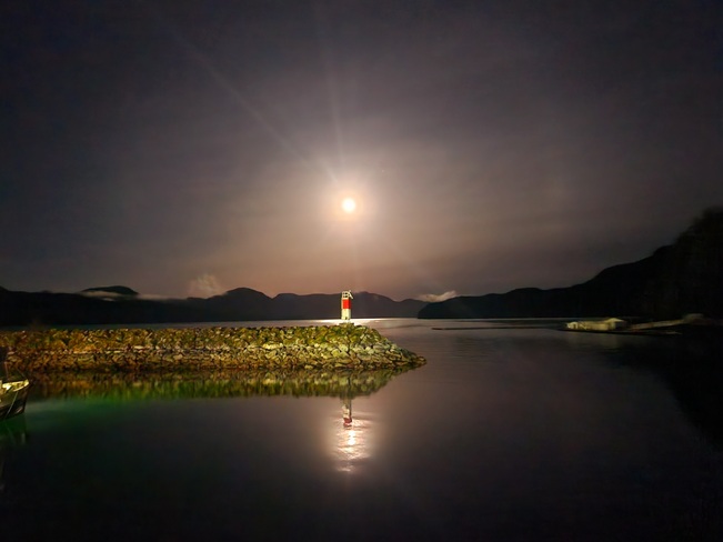 calm evening moon rising Hartley Bay, BC