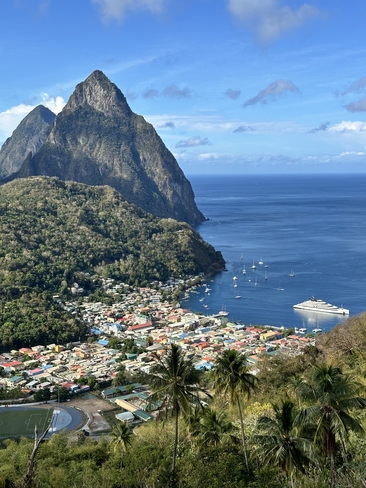 View of Soufriere and the magnificent Pitons Mountains. Soufrière, Soufriére, LC