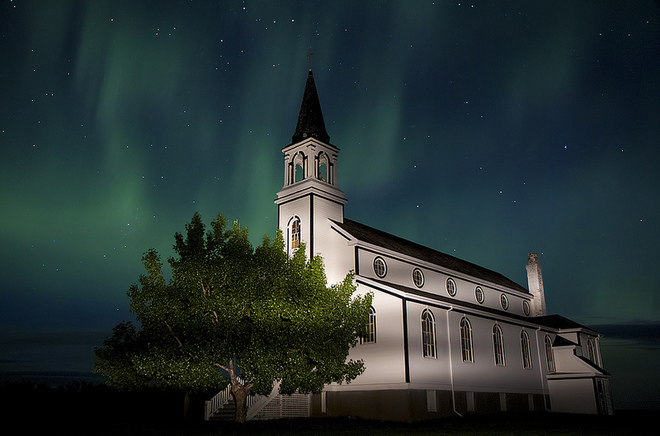 Northern lights at Blumenfeld Church Leader, Saskatchewan Canada