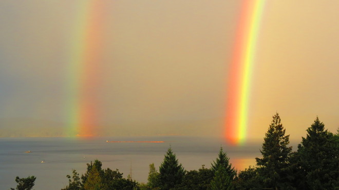 Rainbow over Salish Sea title Ladysmith, British Columbia Canada
