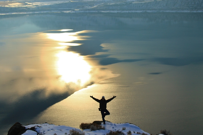 Winter Yoga overlooking Kamloops Lake Lake Kamloops, British Columbia Canada