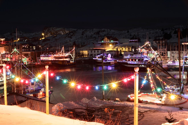 Fishing longliners beautifully decorated for Christmas in jPort de Grave. Bay Roberts, Newfoundland and Labrador Canada