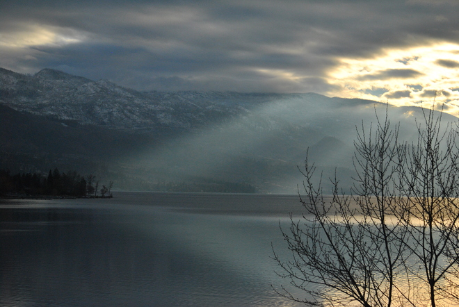 Rays of January sunlight on the lake South Kelowna, British Columbia Canada