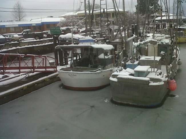 Boats in Courtenay Slough surrounded by thin ice Comox Valley, British Columbia Canada