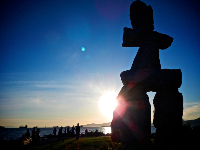 Vancouver Inukshuk Inuit Maritime Monument Spring Sunset Inukshuk, Beach Avenue, Vancouver, BC