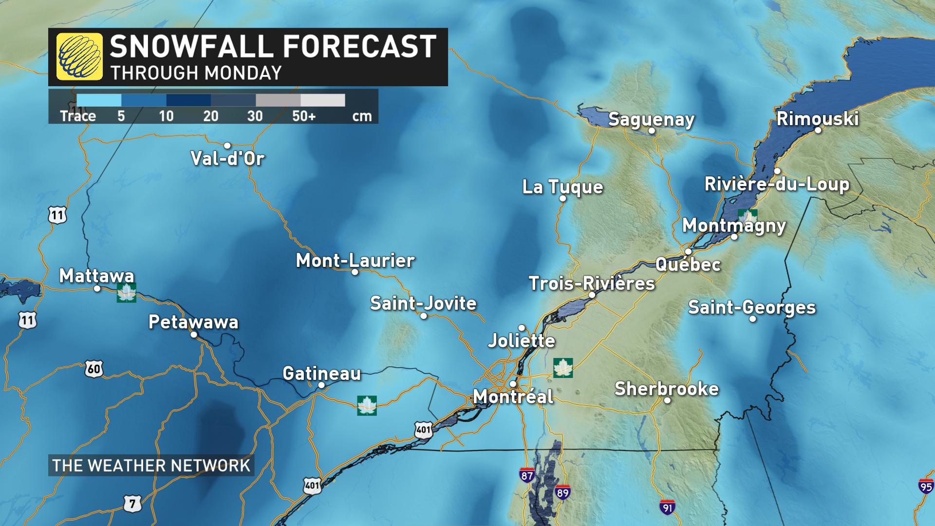 By Monday, the storm will be spinning over northern Quebec, but the