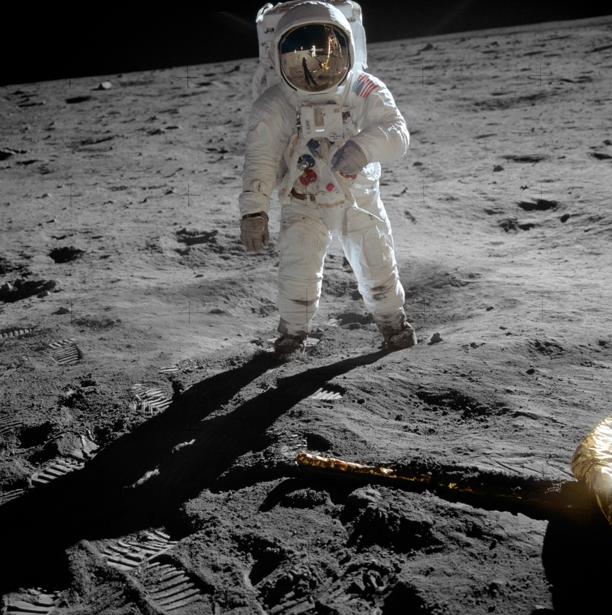 Edwin "Buzz" Aldrin posa sulla superficie lunare, con Neil Armstrong