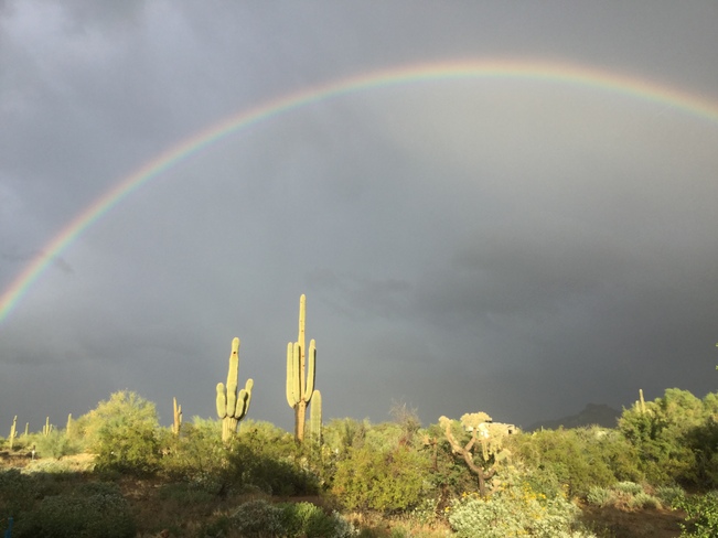 Double rainbow in Arizonan Superstition Mountains Lost Dutchman State Park, North Apache Trail, Apache Junction, AZ, USA