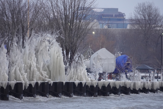 Splashcicles along Lake Ontario shore from heavy wave action while sub zero C. Whitby Harbor, ON