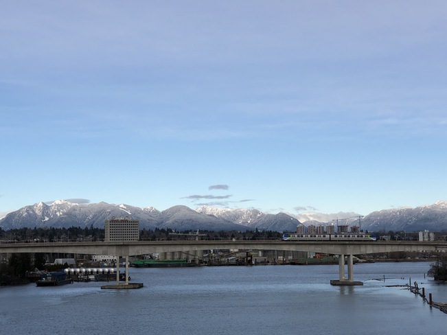 New snow on the north shore mountains. Middle Arm Bridge, Airport Road, Richmond, BC
