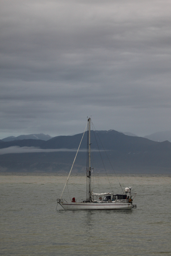 A sailboat anchored near Pond Inlet, Nunavut waiting for weather to transit through the Northwest Passage