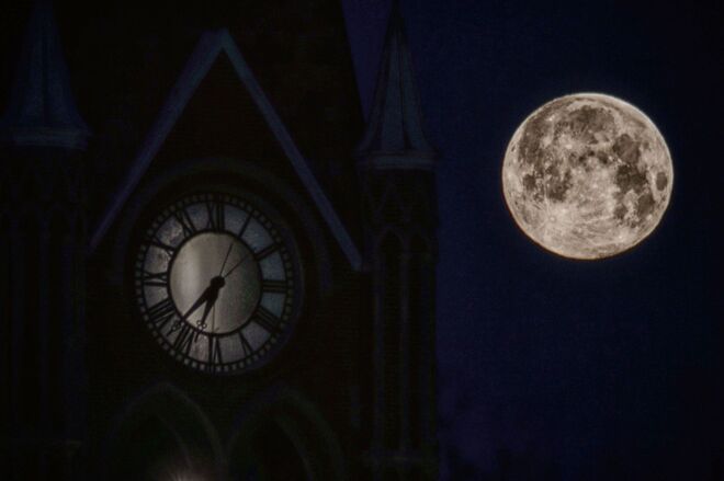 The Hunger Moon this morning at City Hall Belleville, ON